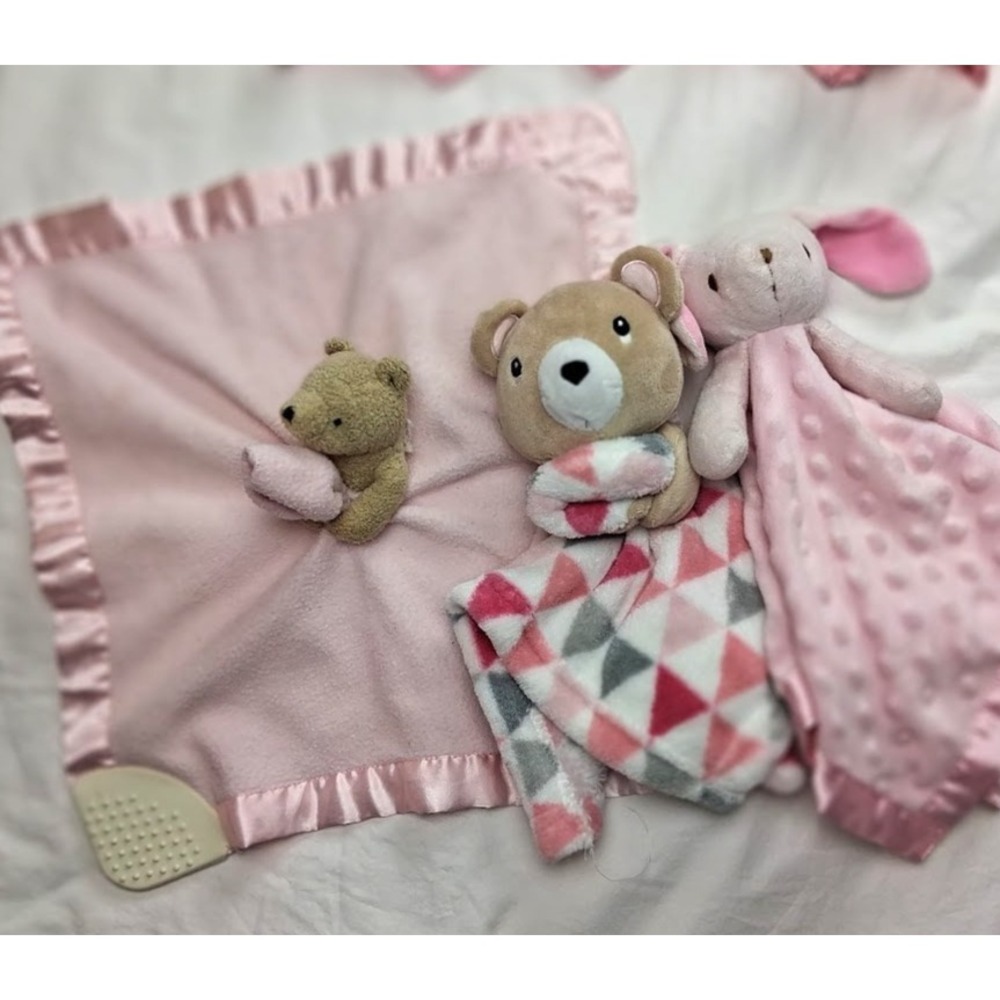 9pc Baby Girl Security Blanket Lovey Lot Pink Bunny Doll Flamingo Unicorn Satin - Picture 5 of 5